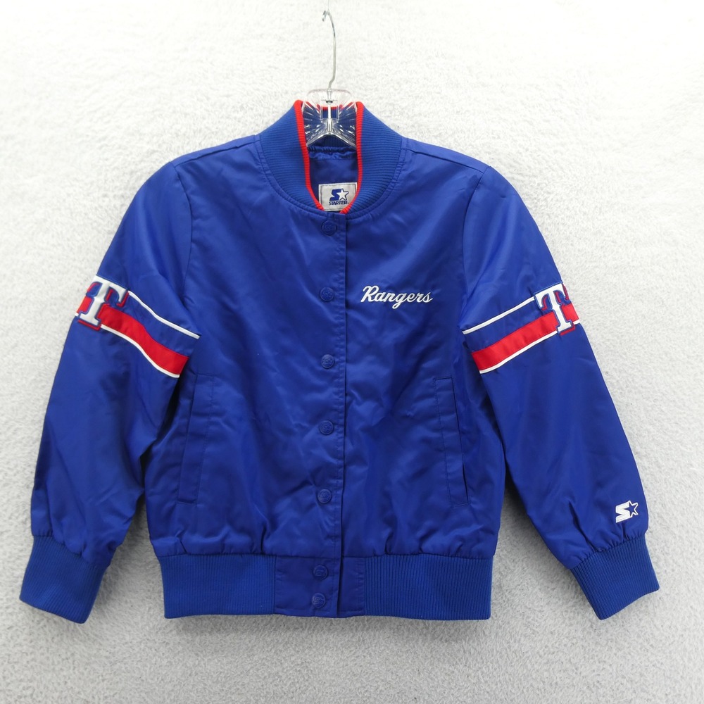 Starter Bomber Jacket Womens Small Texas Rangers Blue Vintage Y2K Snap‎ Front